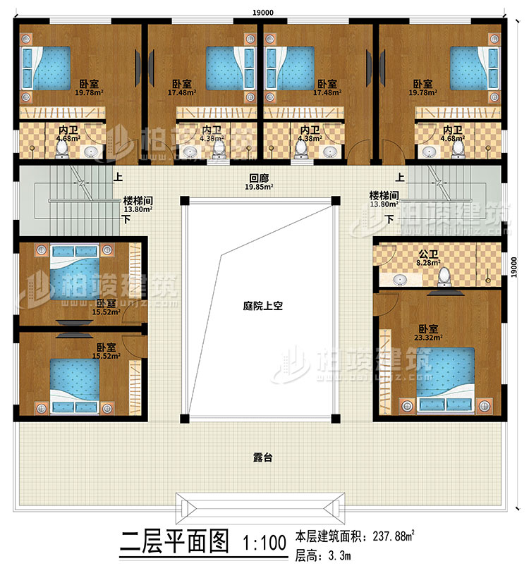 二层：回廊、露台、庭院上空、2楼梯间、7卧室、4内卫、公卫